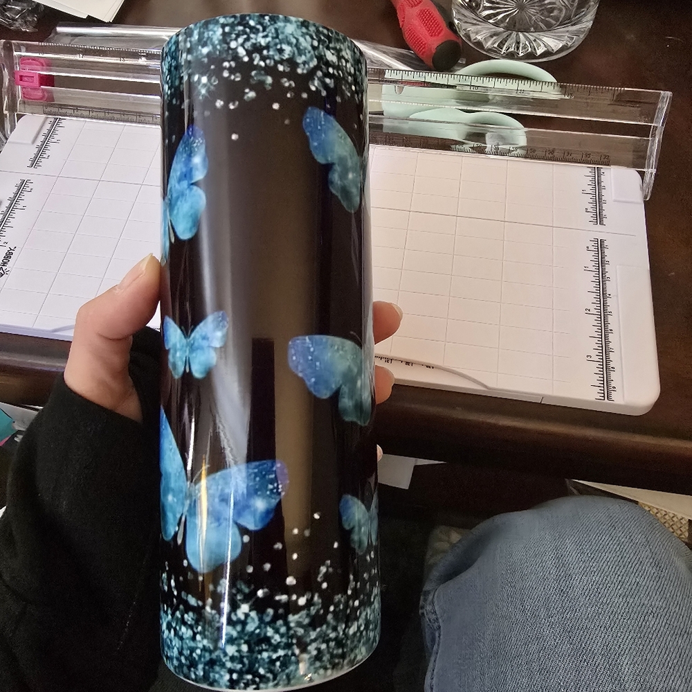 Butterfly Tumbler with Blue and Black Design